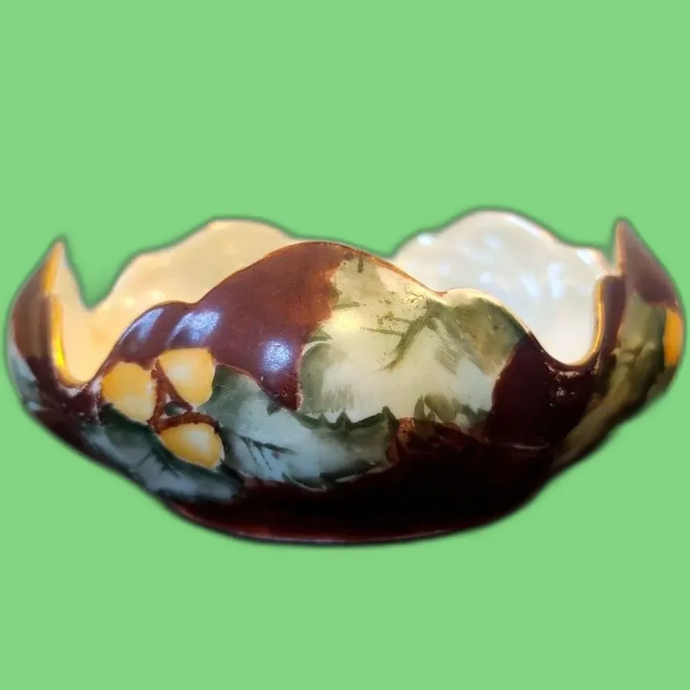 RARE NON-FOOTED RS Germany Porcelain Bowl #RHSRHS55 Fruit On Org/Ylw Background‎